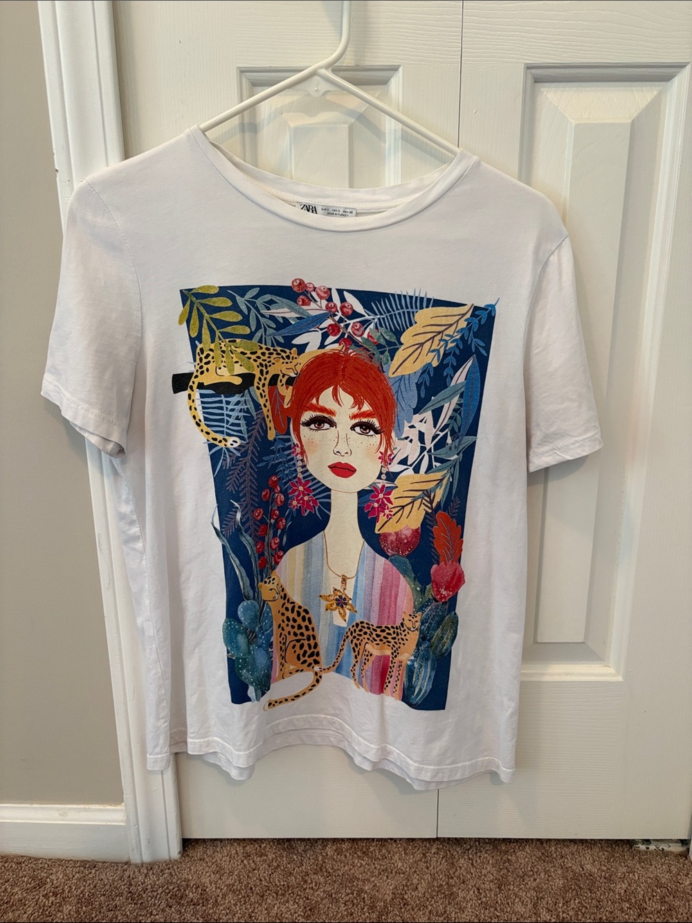 Zara White Tee with Vibrant Portrait and Botanical Print